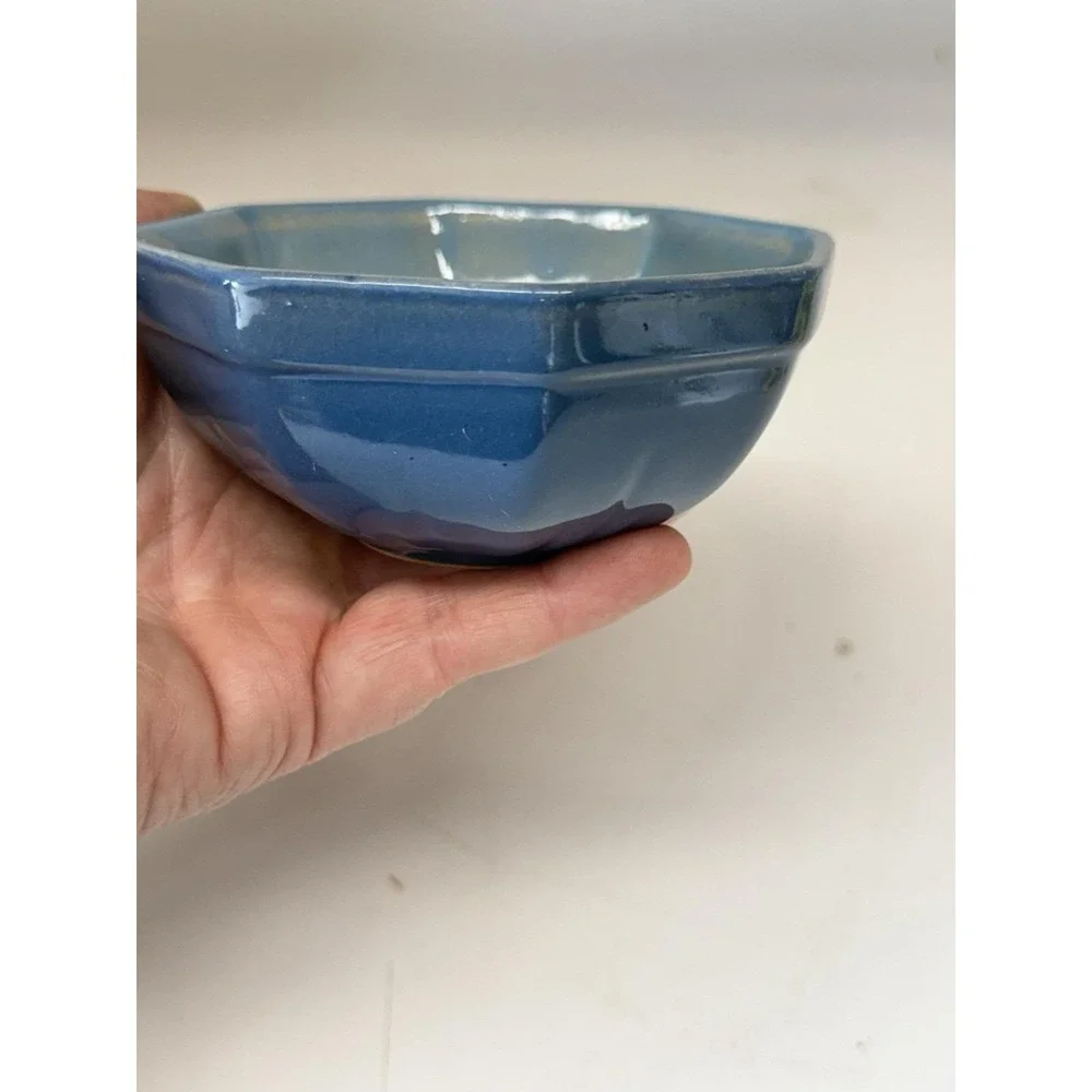 Vintage Blue Art Pottery Nesting Measuring Bowls Stoneware MCM Kitchen Set Of 4